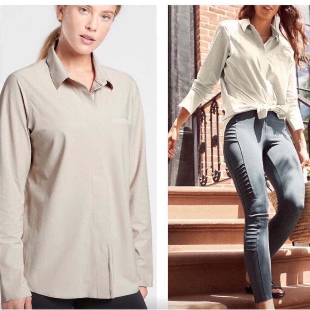 Athleta Urbanite Beige Long Sleeve Button Down Stretch Breathable Womens L